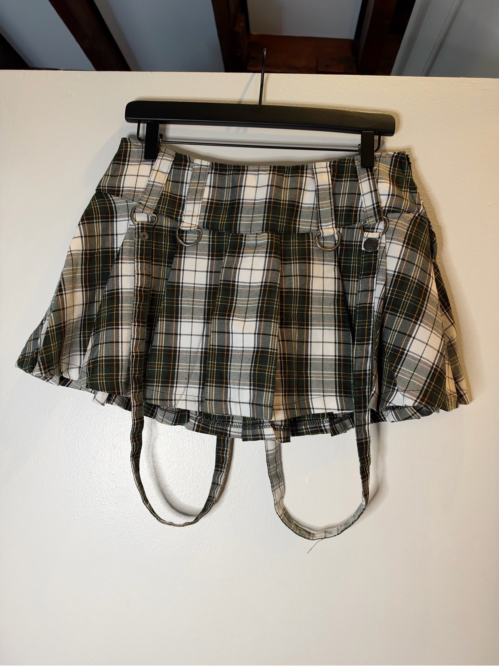 Current Mood Olive & White Plaid Pleated Mini Skirt with Strap Rings